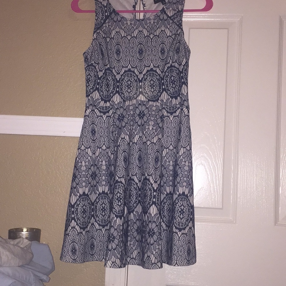 blue and white lace formal dress